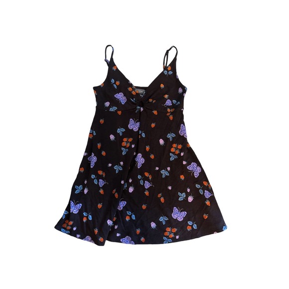 S UO Urban Outfitters Camilla O-Ring Mini Dress Brown Butterfly Strawberry Print - Picture 1 of 4